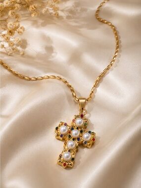 Vintage Gold tone Cross Pendant Necklace with Pearls & Multicolored Gems